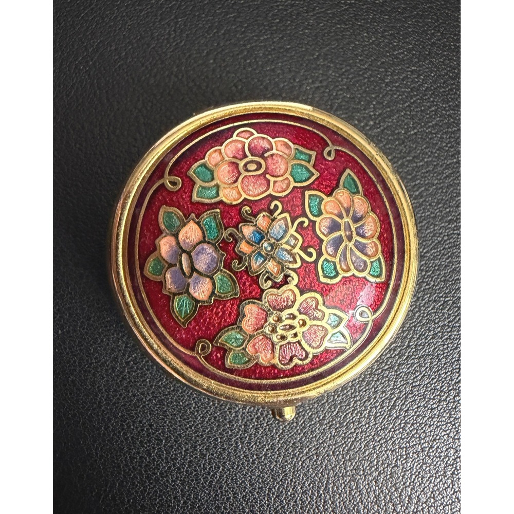 Vintage Cloisonne Ashtray Pill Box Red Gold Tone Floral Enamel